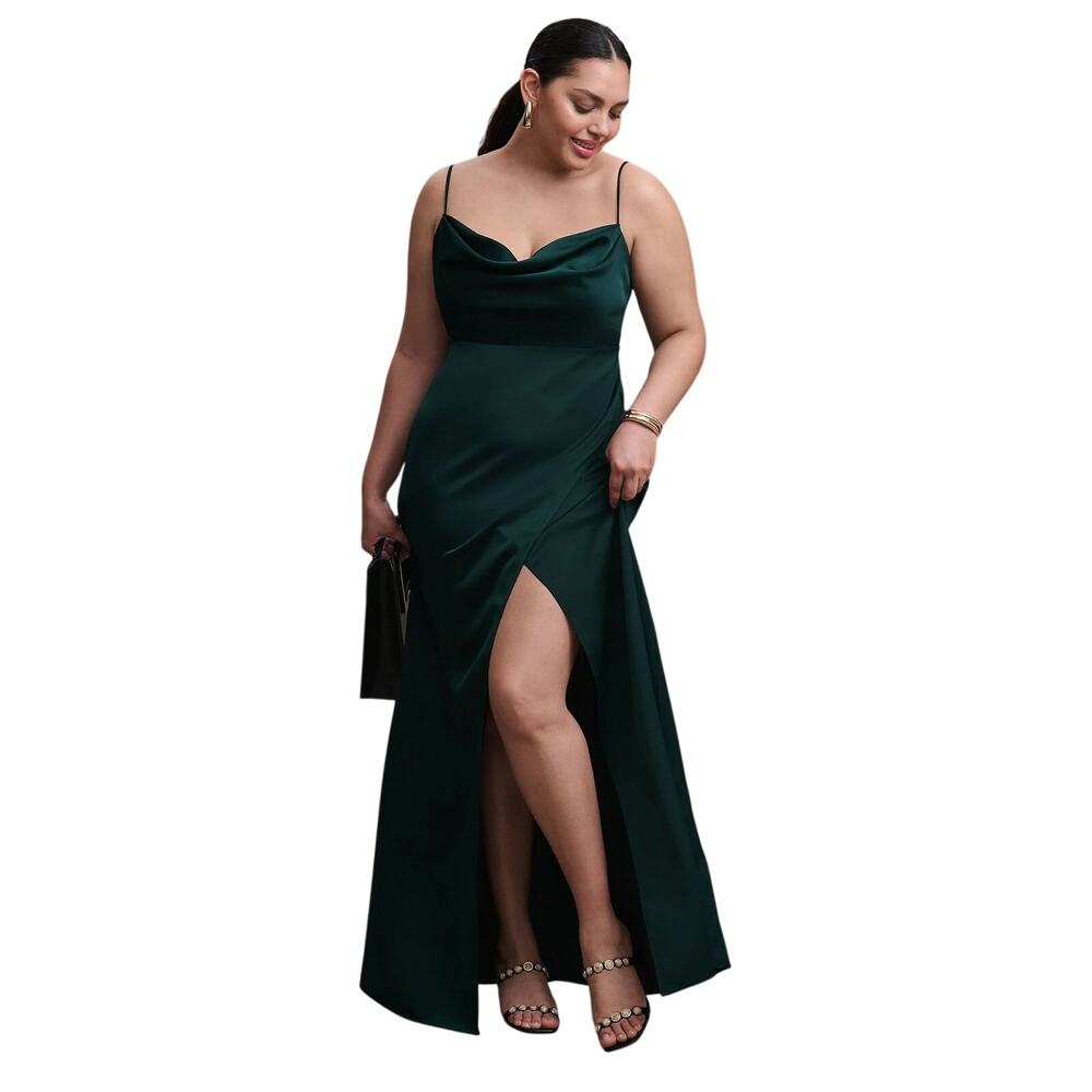 BHLDN Women's 2 Green Remy Cowl Neck Faux Wrap Satin Formal Evening Gown G2-21